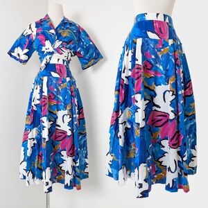 80's Floral Skirt Set Button Down Short Sleeve Shirt Circle Pleated Midi Full